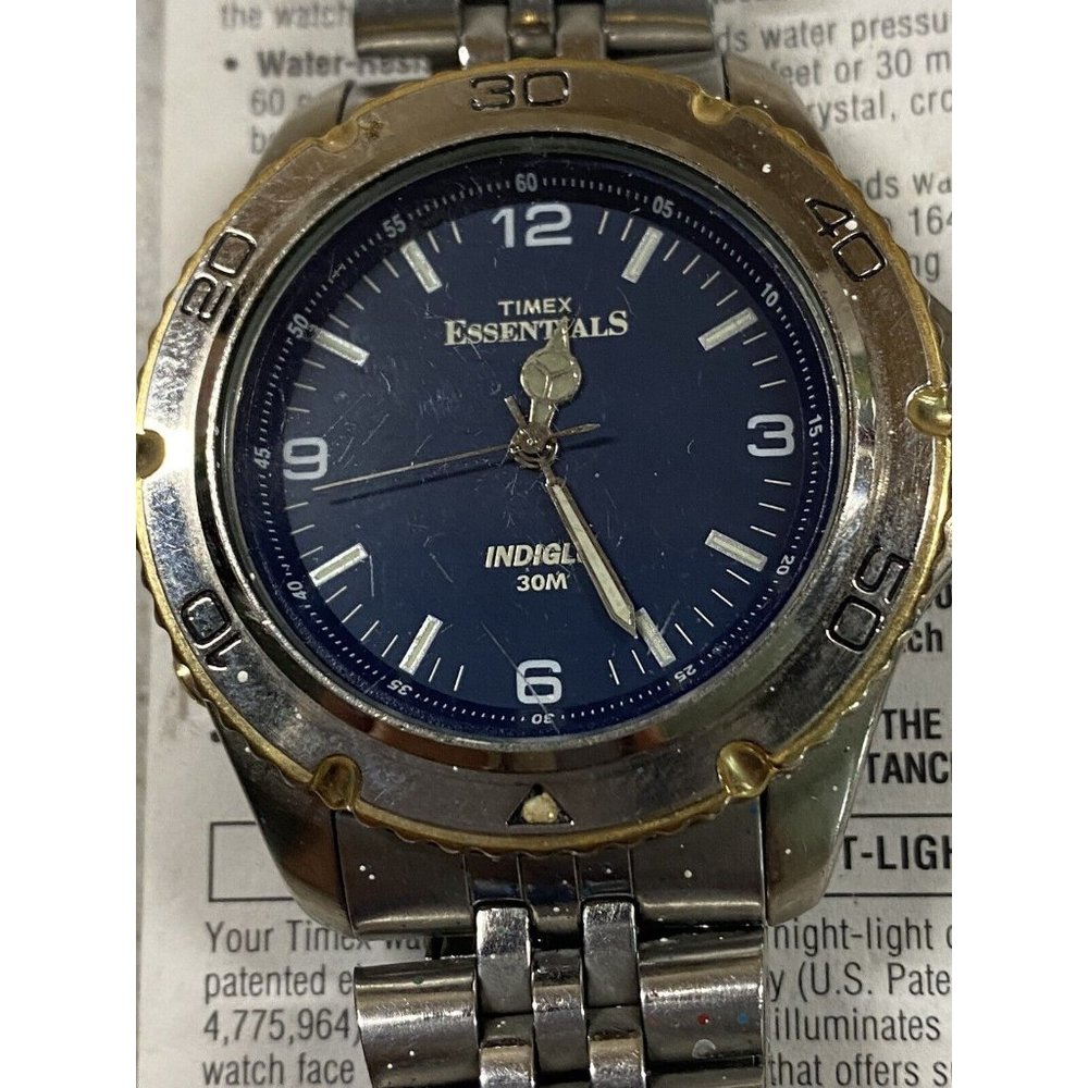 Timex Essentials Men Indiglo Stainless Adj Link Band Elapsed Time Ring Water Res